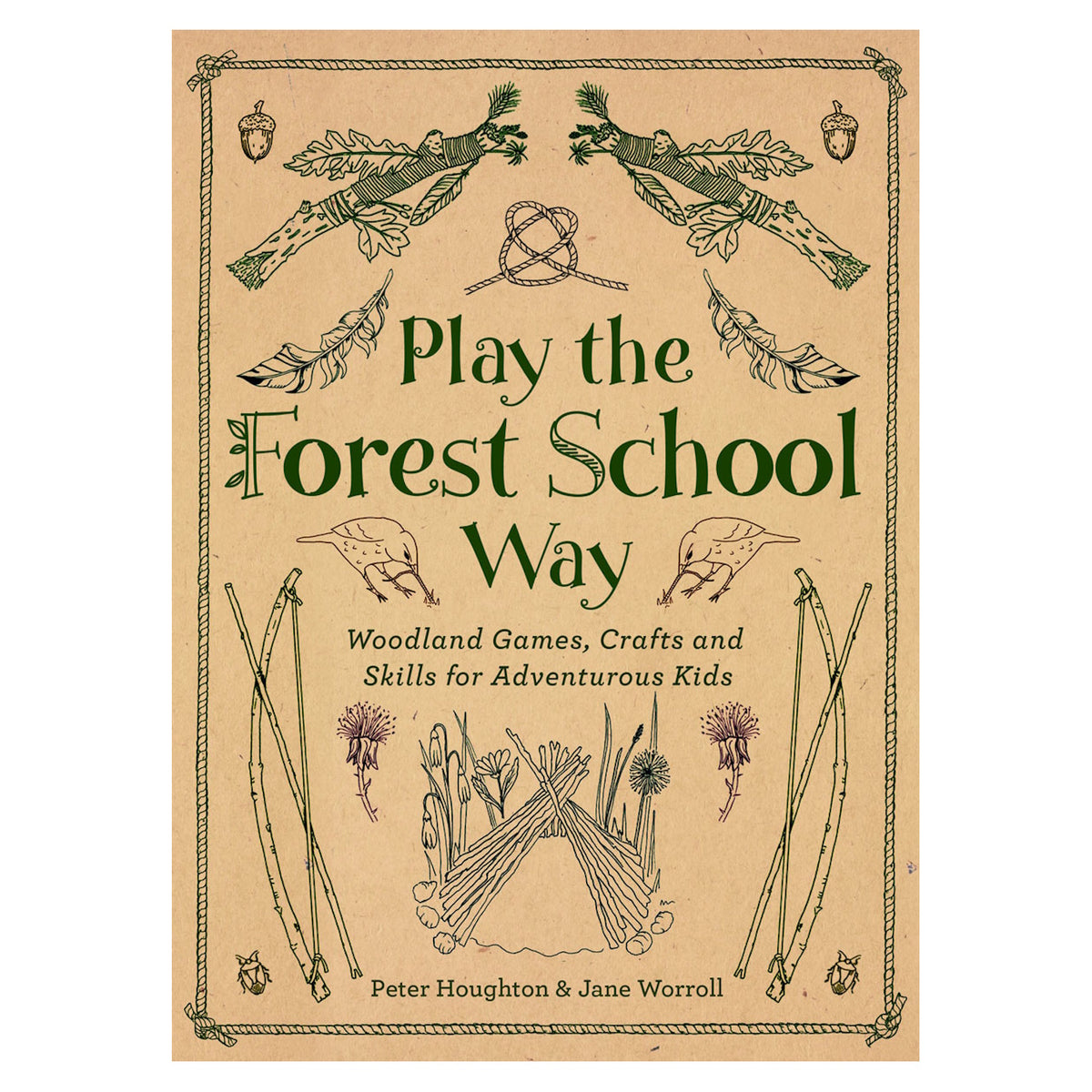 Book cover for 'Play the Forest School Way' featuring line illustrations of sticks, birds, and a shelter.
