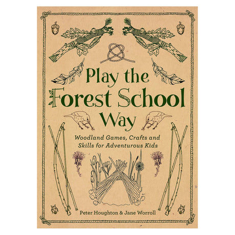 Book cover for 'Play the Forest School Way' featuring line illustrations of sticks, birds, and a shelter.