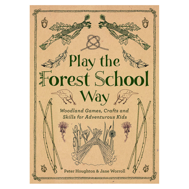 Book cover for 'Play the Forest School Way' featuring line illustrations of sticks, birds, and a shelter.