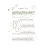 Book page titled "JOURNEY STICK" explaining the activity with line drawings of leaves and a wooden stick.