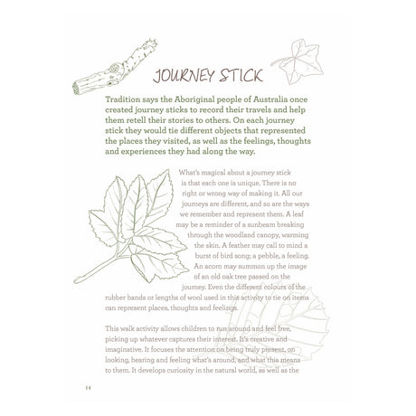 Book page titled "JOURNEY STICK" explaining the activity with line drawings of leaves and a wooden stick.