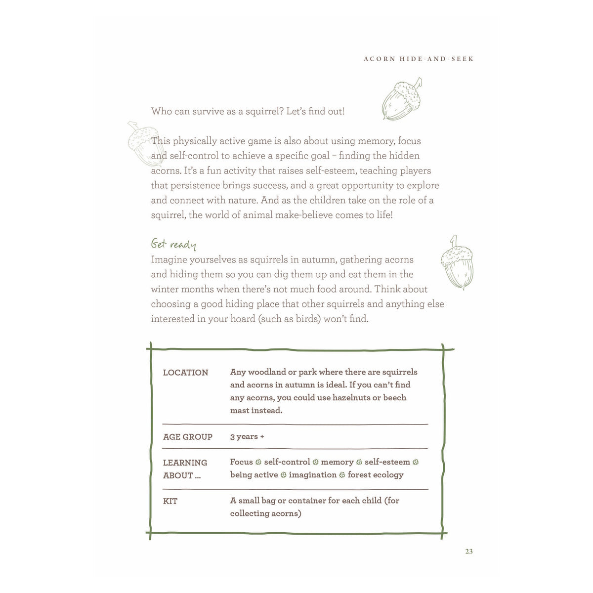 Book page showing instructions and a framed summary box for an Acorn Hide-And-Seek activity.