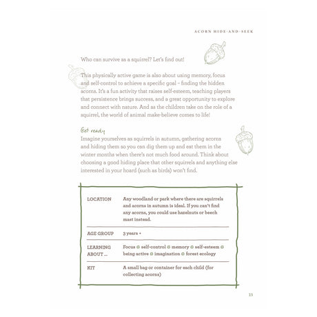 Book page showing instructions and a framed summary box for an Acorn Hide-And-Seek activity.