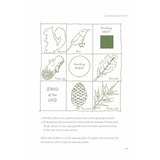 Book page showing a nature scavenger hunt grid with drawings of items like leaves, a pine cone, and animals.