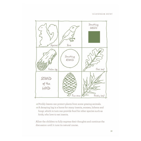 Book page showing a nature scavenger hunt grid with drawings of items like leaves, a pine cone, and animals.