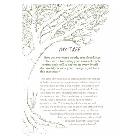 Book page titled 'MY TREE' with descriptive text framed by a fine line illustration of a large bare tree.