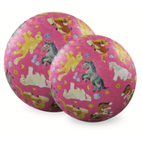 Two pink balls feature a playful pattern of colorful horses and flowers. The design conveys a fun and cheerful vibe, perfect for kids' activities.