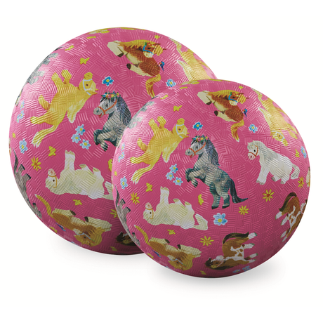 Two pink balls feature a playful pattern of colorful horses and flowers. The design conveys a fun and cheerful vibe, perfect for kids' activities.