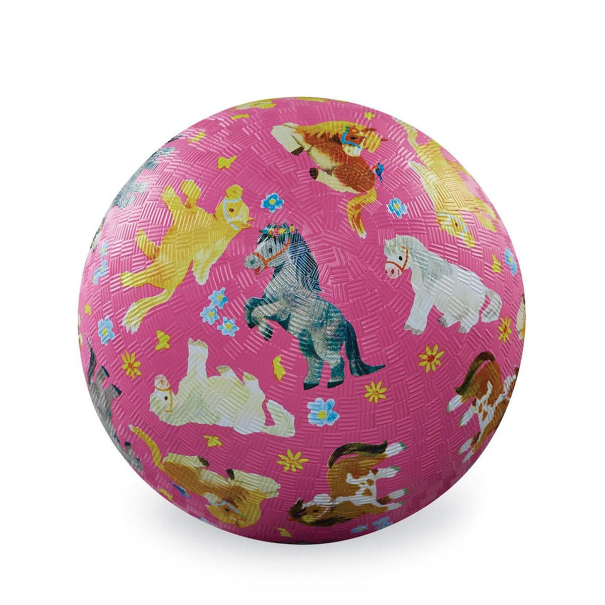 A textured pink ball featuring colorful horse illustrations in various playful poses. Surrounding flowers and butterflies add a whimsical touch.