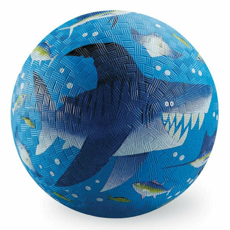 Blue textured playground ball featuring a cartoon shark reef design.