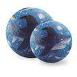 Set of two blue textured playground balls featuring a cartoon shark reef design.