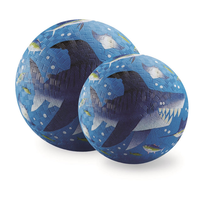 Set of two blue textured playground balls featuring a cartoon shark reef design.