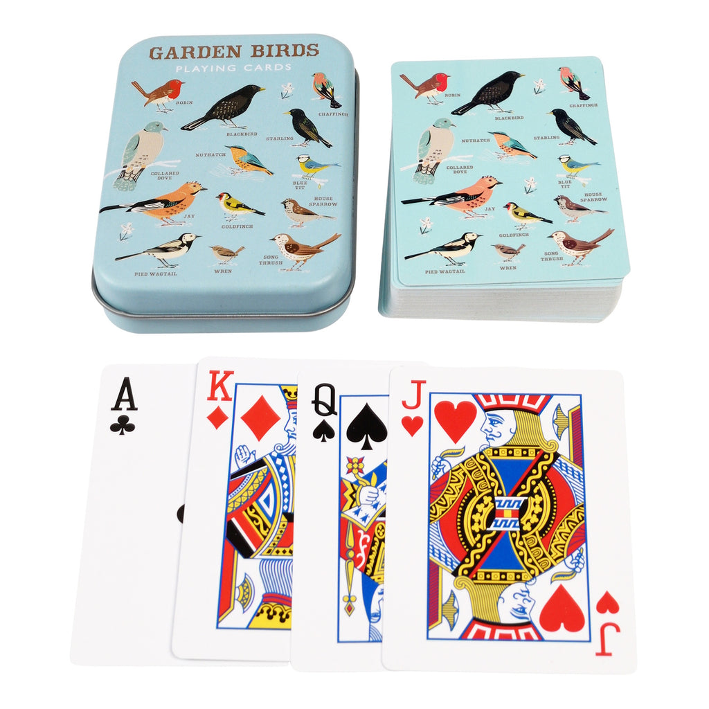 A tin of garden bird playing cards alongside a hand of playing cards showing Ace, King, Queen, and Jack in a white background.