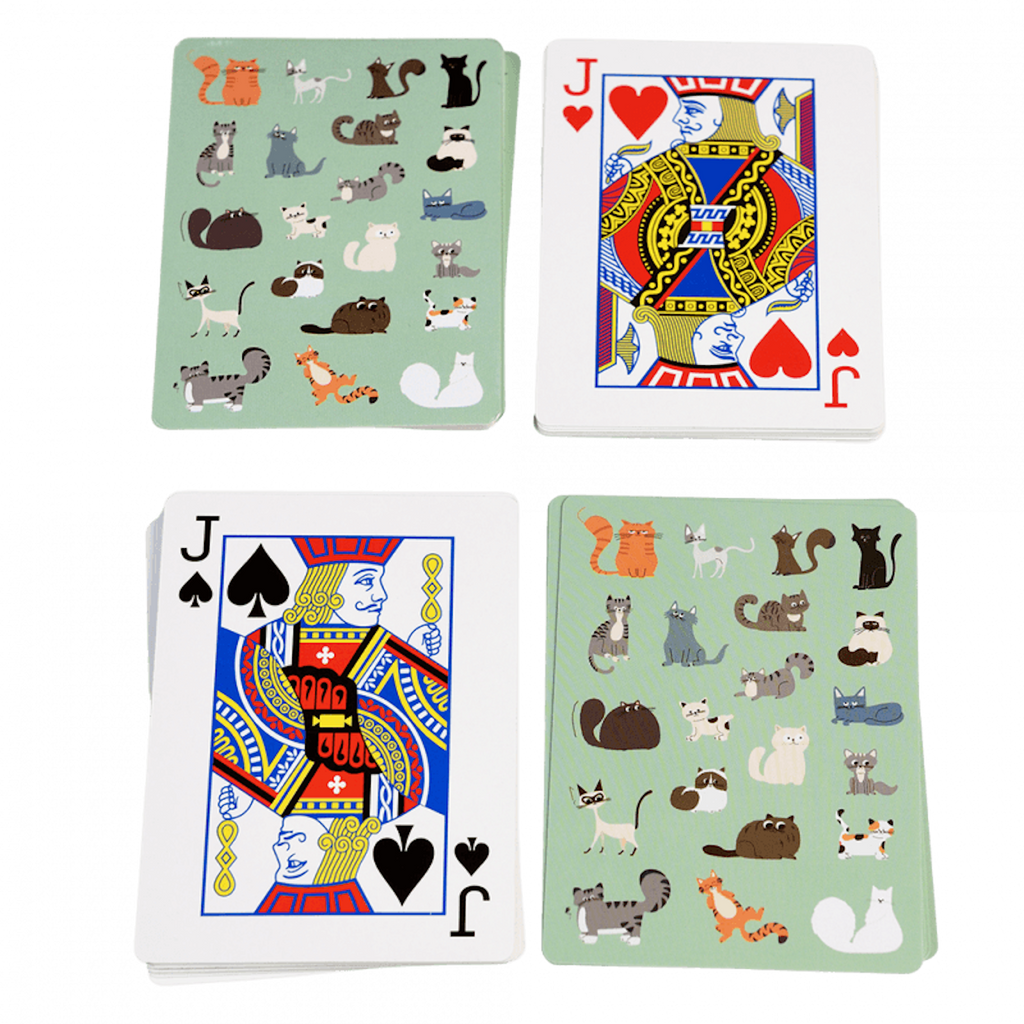 A set of playing cards featuring adorable cat illustrations, all stored in a compact, cat-themed tin.