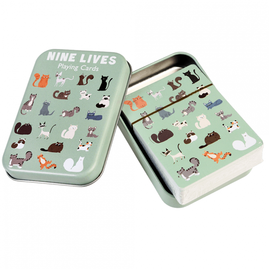 A set of playing cards featuring adorable cat illustrations, all stored in a compact, cat-themed tin.