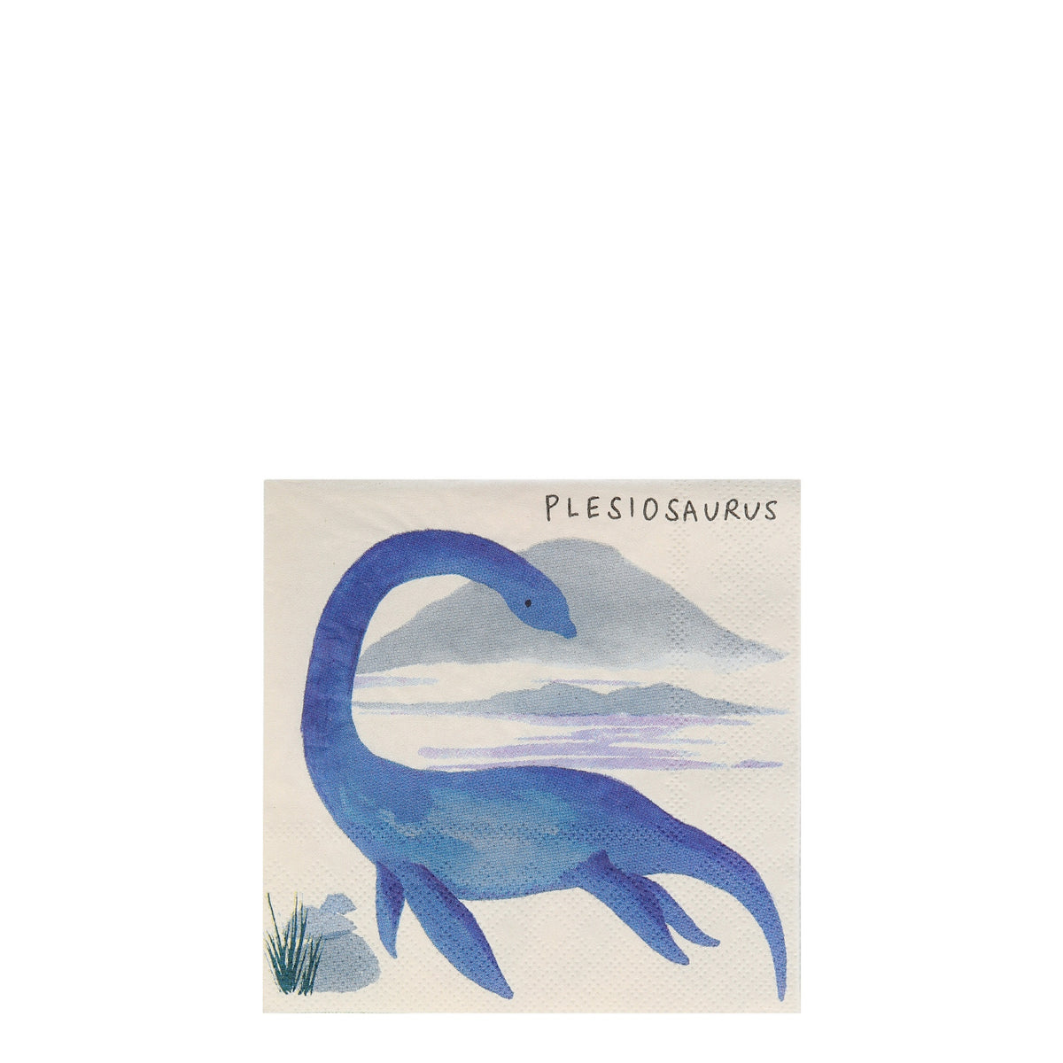 Meri Meri Dinosaur Kingdom napkin featuring a blue Plesiosaurus illustration with a mountain background.