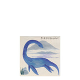 Meri Meri Dinosaur Kingdom napkin featuring a blue Plesiosaurus illustration with a mountain background.