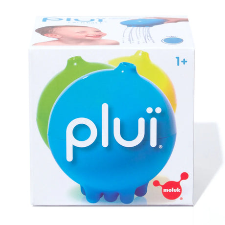 Moluk Plui Rainball box packaging showing a baby playing with the blue sensory bath toy, for ages 1+.
