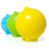 Three vibrant Moluk Plui Rain Cloud bath toys in yellow, green, and blue, teaching physics and water play.