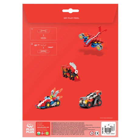 Plus-Plus toy construction set packaging showing a red plane, steam train, and racing cars built from interlocking blocks.