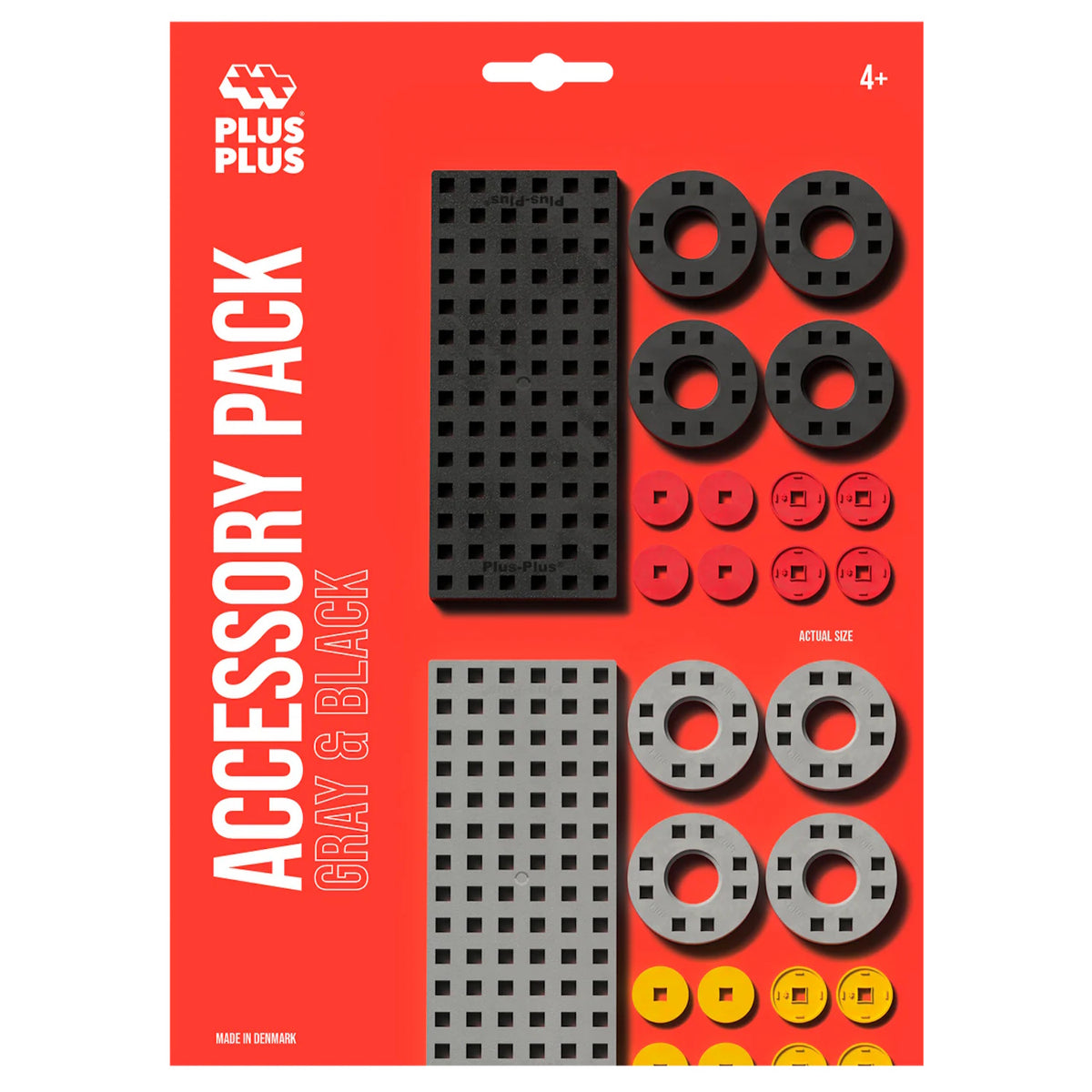 Plus-Plus Accessory Pack in gray and black featuring baseplates, wheels, and hubs for construction building toy sets.