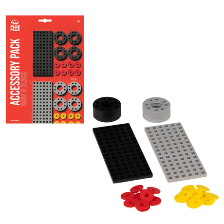 Plus-Plus Accessory Pack in gray and black featuring baseplates, wheels, and hubs for building toy construction sets.