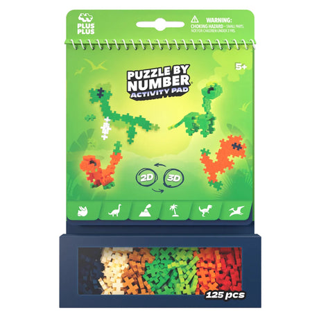 Plus-Plus Puzzle by Number Dinosaur Activity Pad with 125 pieces for 2D and 3D builds, ages 5 and up.