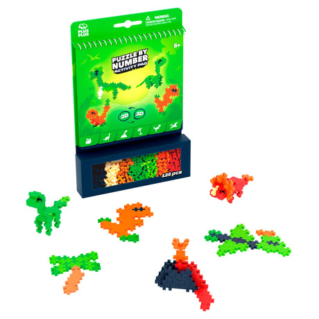 Plus-Plus Puzzle by Number Dinosaurs Activity Pad with 125 pieces and 2D and 3D dinosaur building toy figures.