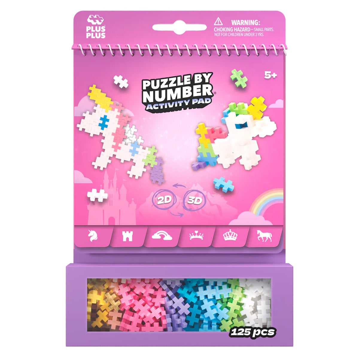 Plus-Plus Puzzle by Number Fairytale Activity Pad with 125 colorful pieces for building 2D and 3D unicorns.