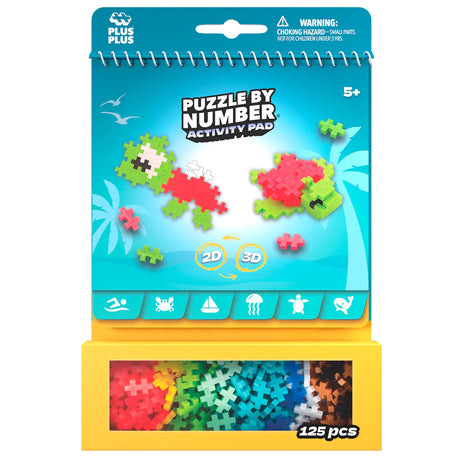 Plus-Plus Puzzle by Number Activity Pad, Ocean theme with 125 colorful 2D and 3D puzzle pieces for kids ages 5 and up.