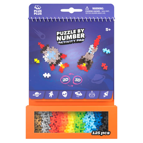 Plus-Plus Puzzle by Number Space Activity Pad with 125 colorful building pieces for 2D and 3D rocket ship designs.