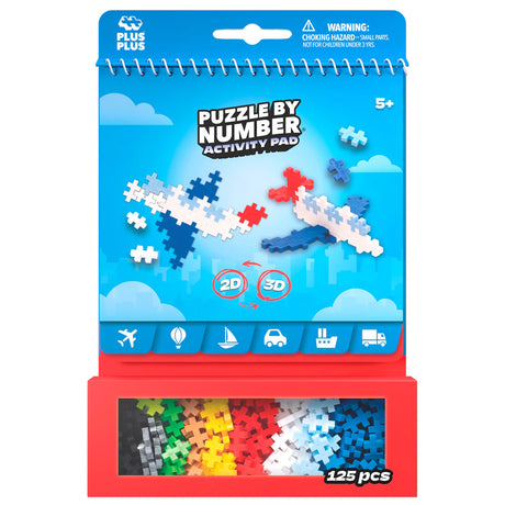 Plus-Plus Puzzle by Number Transportation Activity Pad with 125 pieces to build 2D and 3D airplanes and vehicles.