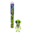 Plastic tube with colorful interlocking toy pieces and an assembled green alien figure beside it, set against a white background. Fun and creative.