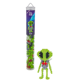 Plastic tube with colorful interlocking toy pieces and an assembled green alien figure beside it, set against a white background. Fun and creative.