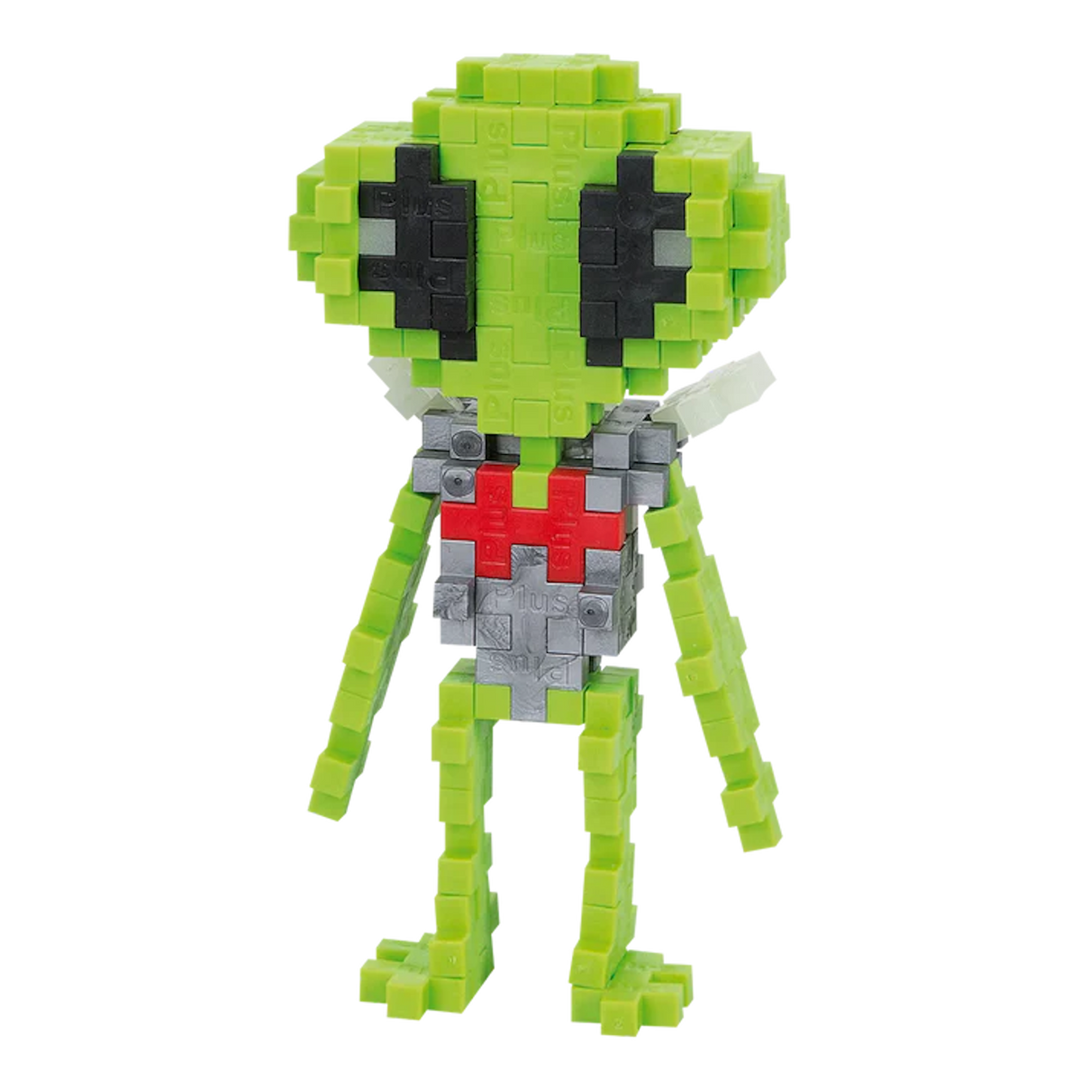Pixelated alien figure made of green, gray, and red blocks with large black eyes and a red heart shape on the chest, set against a white background.