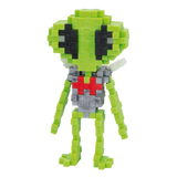 Pixelated alien figure made of green, gray, and red blocks with large black eyes and a red heart shape on the chest, set against a white background.