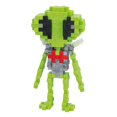 Pixelated alien figure made of green, gray, and red blocks with large black eyes and a red heart shape on the chest, set against a white background.