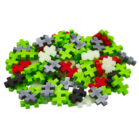 A pile of colorful plastic puzzle pieces shaped like plus signs. Pieces are red, green, white, gray, and black, set against a white background.