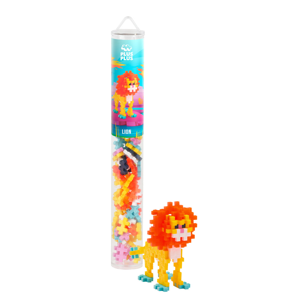 Clear tube containing colorful, small interlocking pieces with an assembled pixelated lion beside it. Packaging features a lion illustration. Energetic and playful.