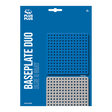 Packaging of Plus-Plus Baseplate Duo in blue and gray. The design features two perforated square baseplates on a blue background. Suitable for ages 4 and up.