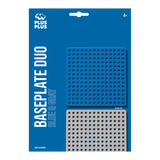 Packaging of Plus-Plus Baseplate Duo in blue and gray. The design features two perforated square baseplates on a blue background. Suitable for ages 4 and up.
