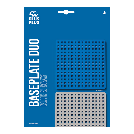 Packaging of Plus-Plus Baseplate Duo in blue and gray. The design features two perforated square baseplates on a blue background. Suitable for ages 4 and up.