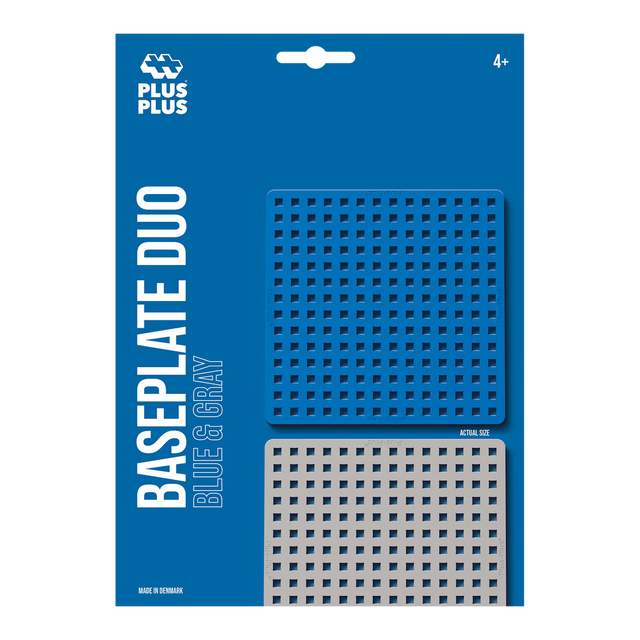 Packaging of Plus-Plus Baseplate Duo in blue and gray. The design features two perforated square baseplates on a blue background. Suitable for ages 4 and up.