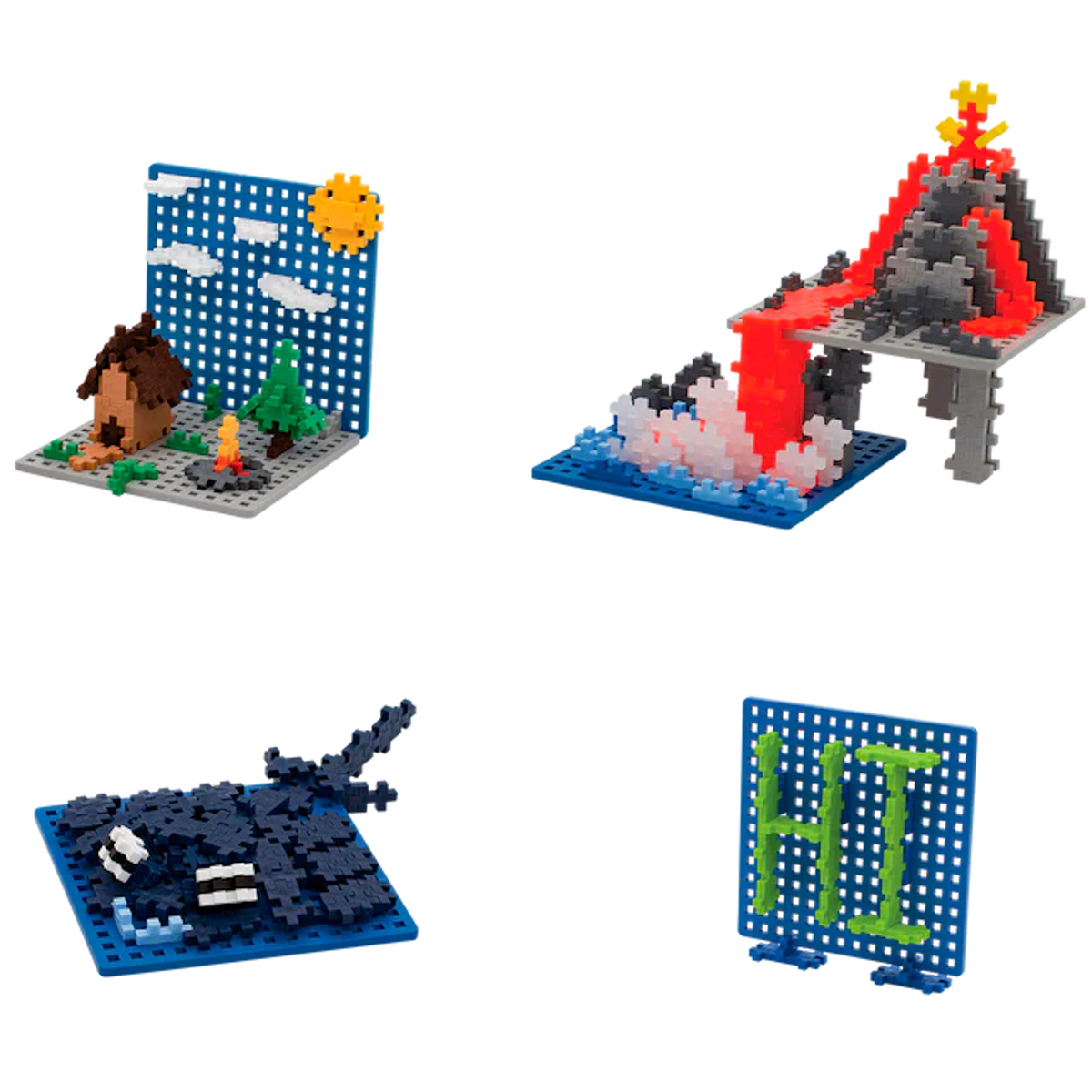Four mini 3D pixel art scenes: a sunny camp with a cabin, an erupting volcano, a blue whale, and the word "HI" in green on a dotted background.