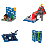 Four mini 3D pixel art scenes: a sunny camp with a cabin, an erupting volcano, a blue whale, and the word "HI" in green on a dotted background.