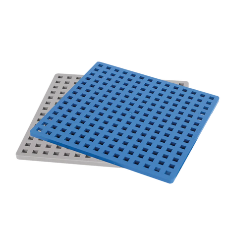 Two square plastic grates, one blue and one white, overlap on a white background. Each grate has a grid pattern of square holes.
