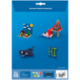 Four colorful 3D pixel art creations on a blue background depict a cabin in nature, a volcano, a stingray, and the word "HI." The slogan reads, "One Shape. Endless Possibilities."