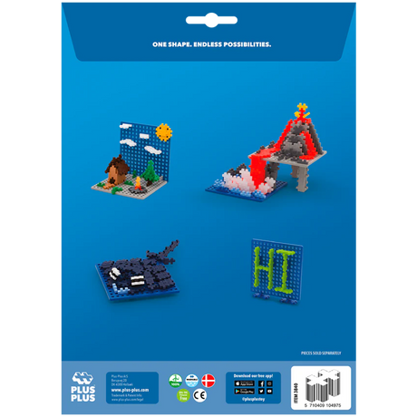 Four colorful 3D pixel art creations on a blue background depict a cabin in nature, a volcano, a stingray, and the word "HI." The slogan reads, "One Shape. Endless Possibilities."