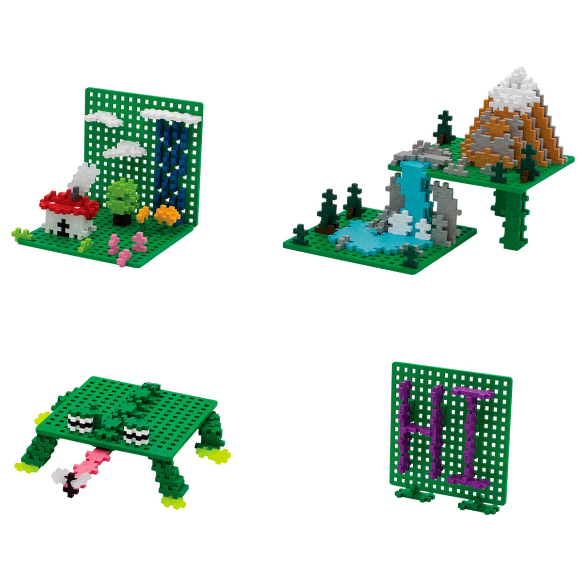 Plus-Plus green baseplate duo with 3D builds: a house and trees, a waterfall and mountain, a frog, and a "HI" sign.