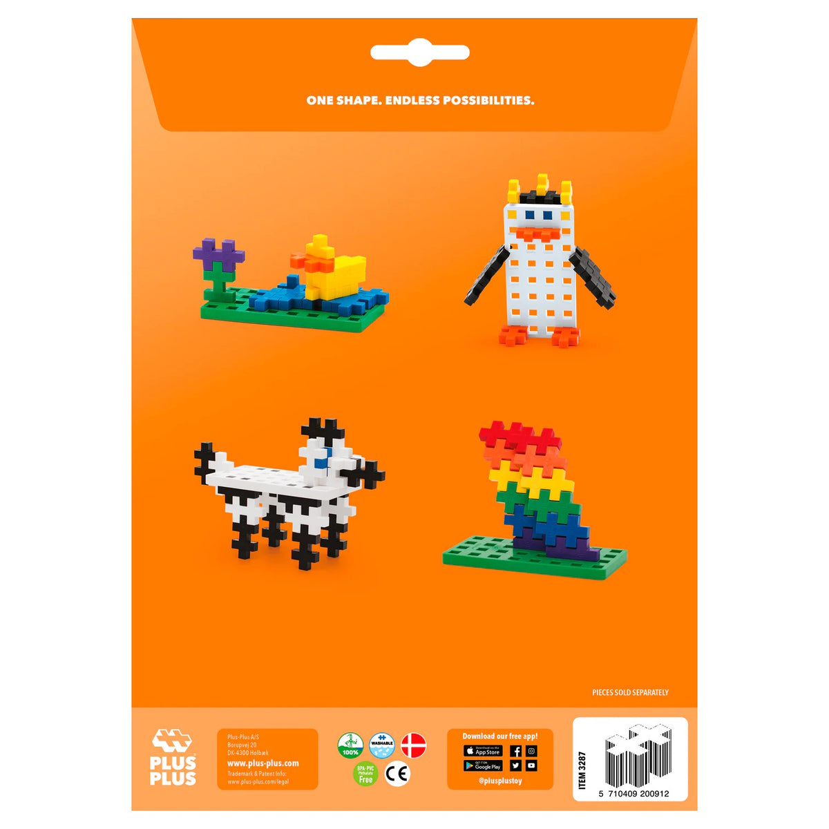 Plus-Plus Big building toy packaging back with examples of a duck, penguin, dog, and rainbow built with interlocking pieces.
